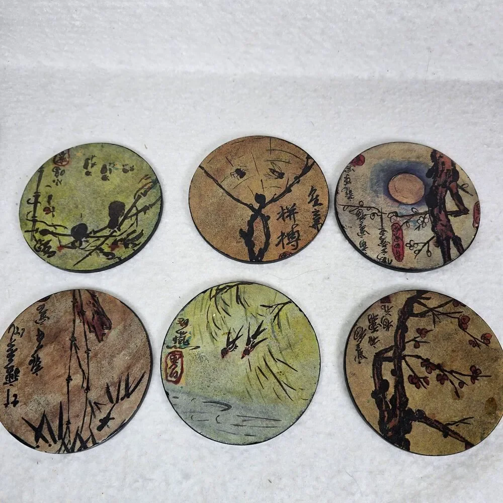 Pier 1 Traditional Chinese Design Set Of 6 Lacquered Plywood Coasters